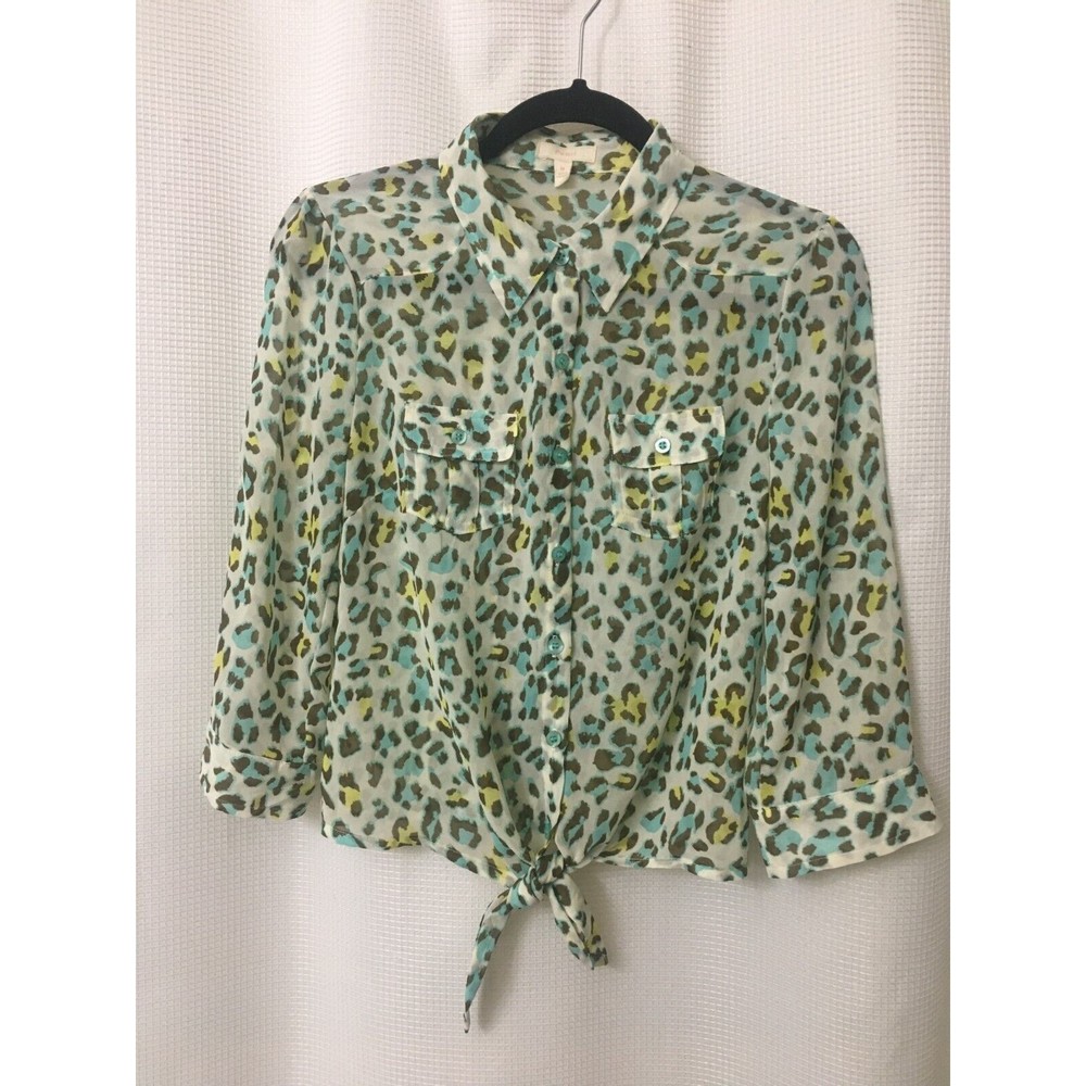 Pearl Sheer Top Size Medium Animal Print Turquoise Brown Vacation Travel A2